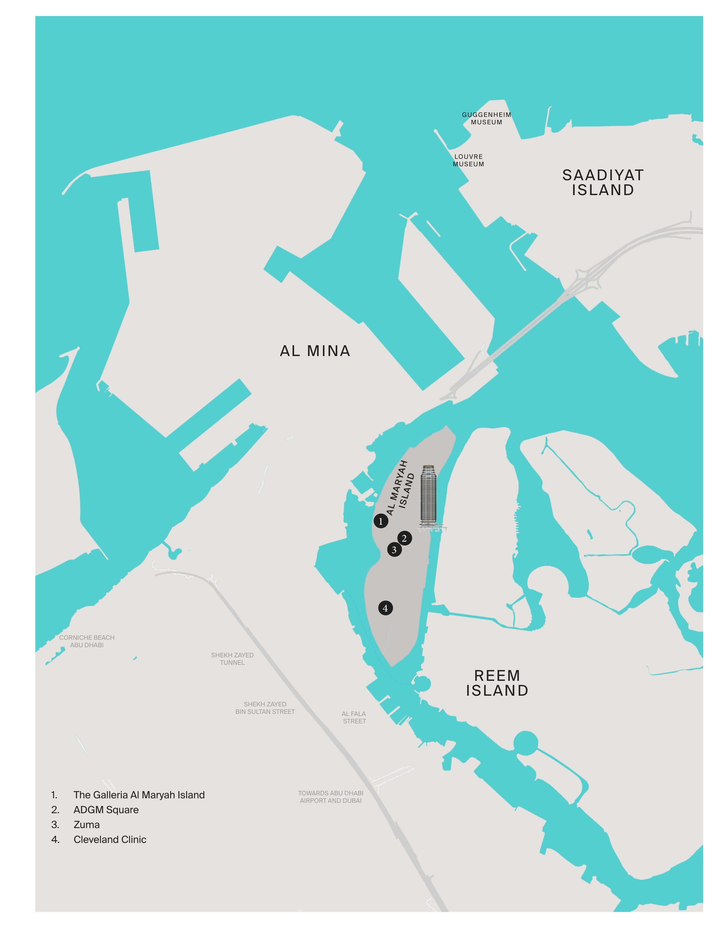 Map of Al Maryah Island showing The Galleria, ADGM Square, Zuma and Cleveland Clinic